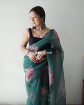 Light Flower Dark  Green  Pure Organza Saree